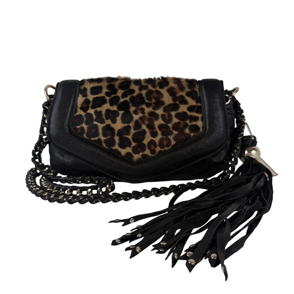 Nanette Lepore Crossbody Clutch Black Leopard Haircalf Chain Tassel E9C5050